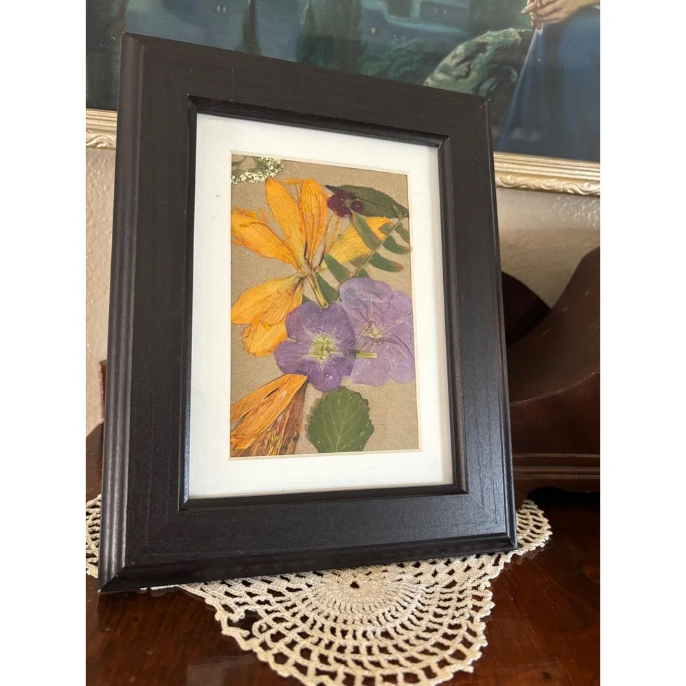 Pressed Flower Art Framed Botanical Wall Decor Yellow Purple Dried Floral 6x8